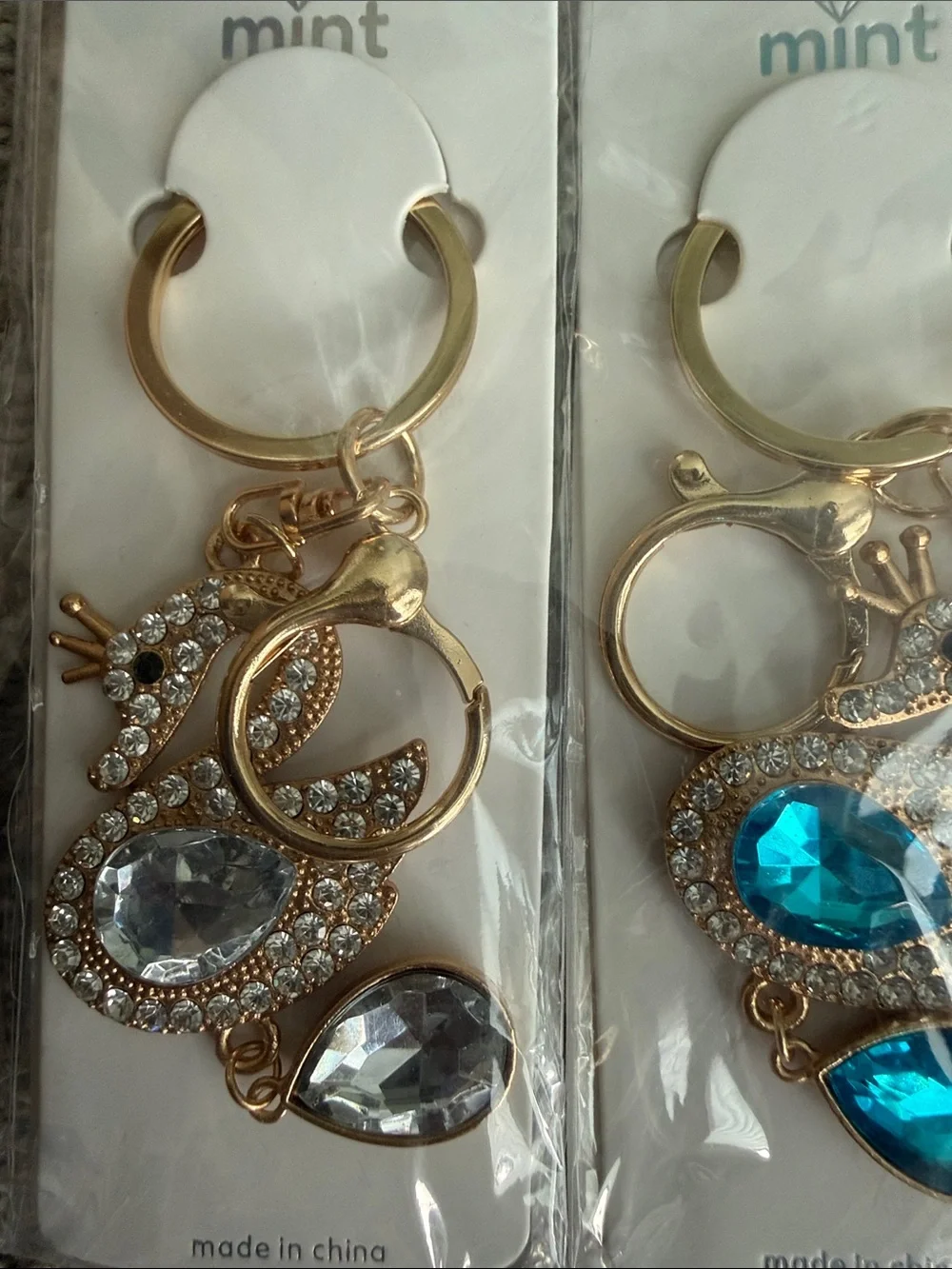 3 for $10 Mint Gold Swan Keychains with Crystals. NWT.